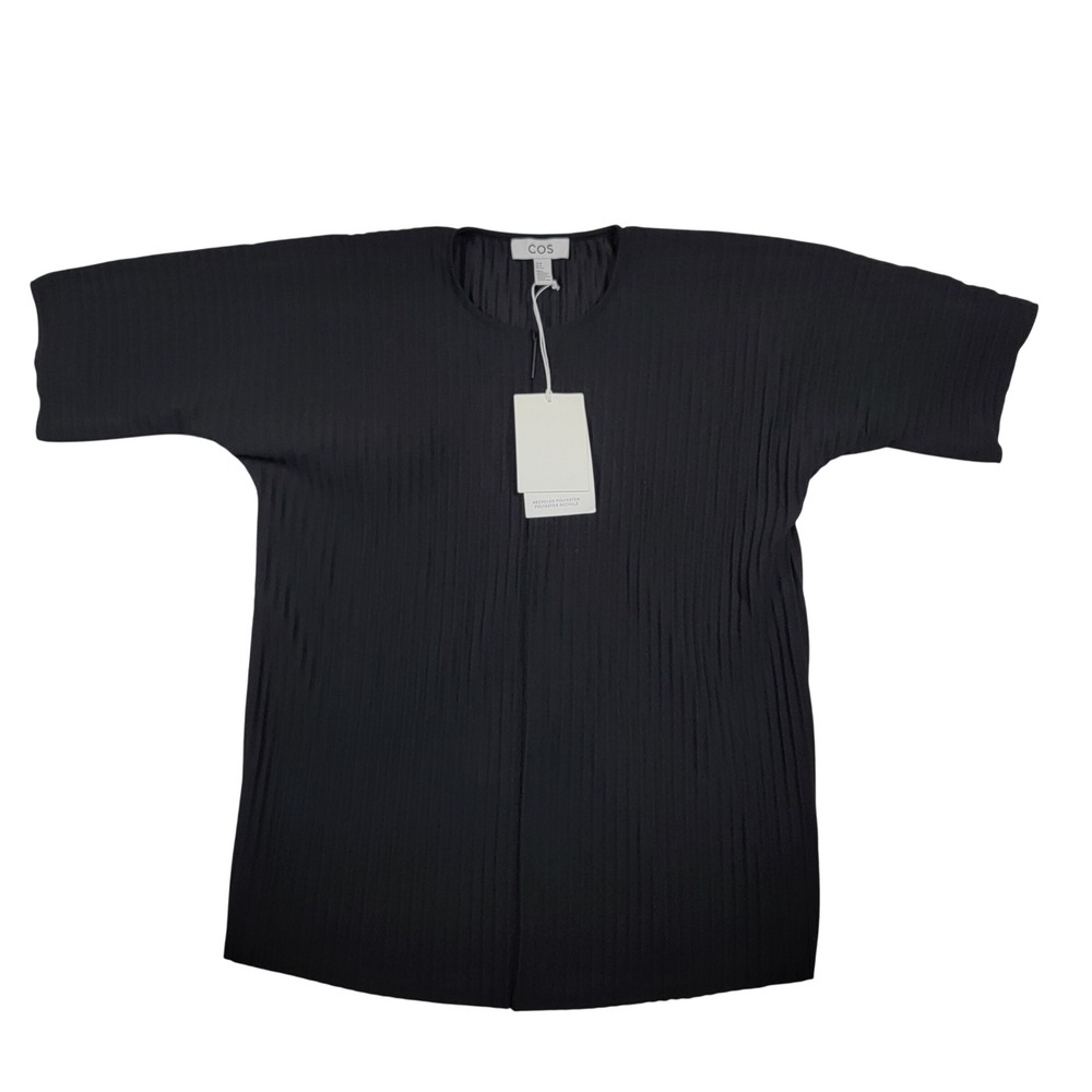 NWT COS Plisse Pleated Zip Blouse Top Women's Sz XS Black Recycled Short Sleeve